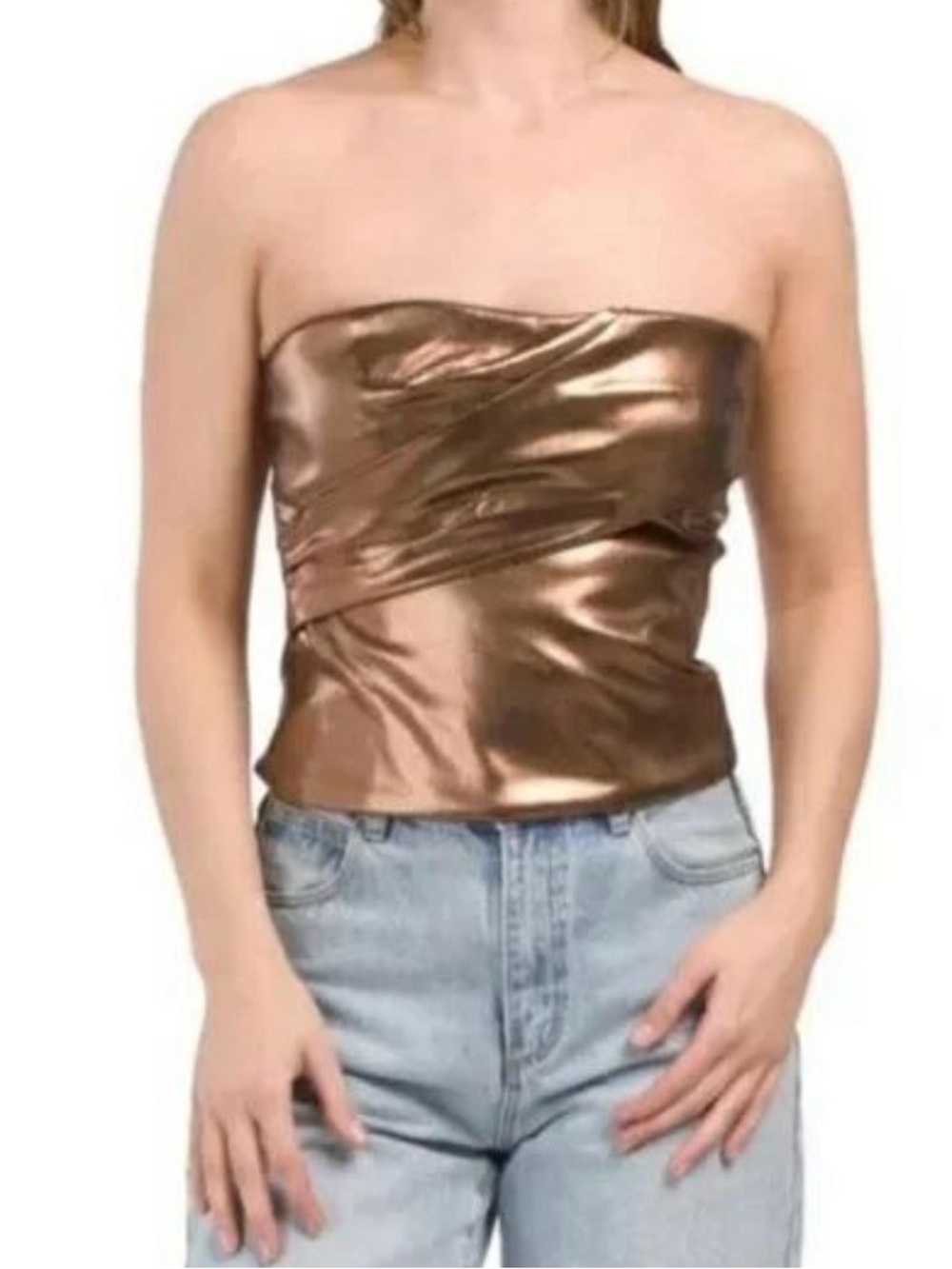 Zara Metallic Strapless Peplum Tube Top Bronze Rose Gold Faux Leather Size M